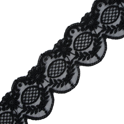 Black Scallop-Edged Embroidered Mesh - 2.5" Detail