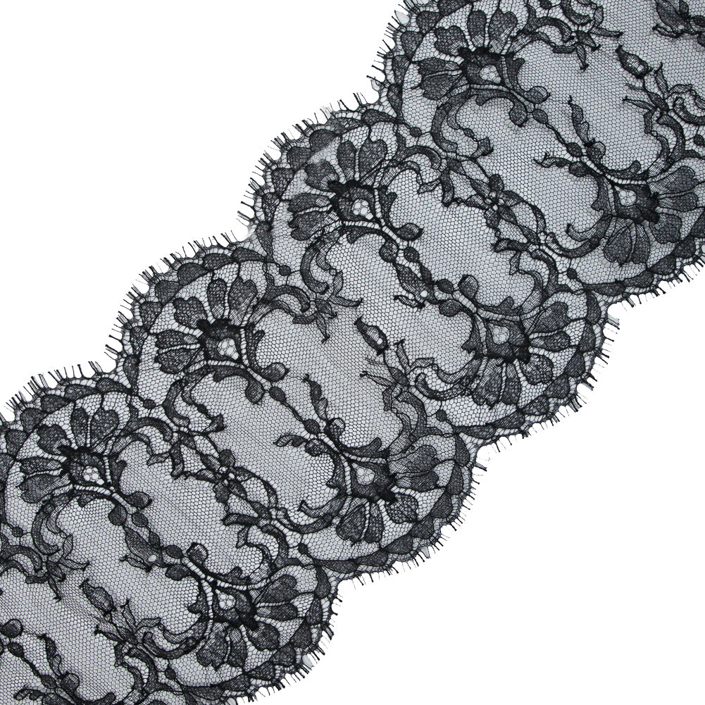Black Fine Double Scallop Edge Lace Trim - 6.5"