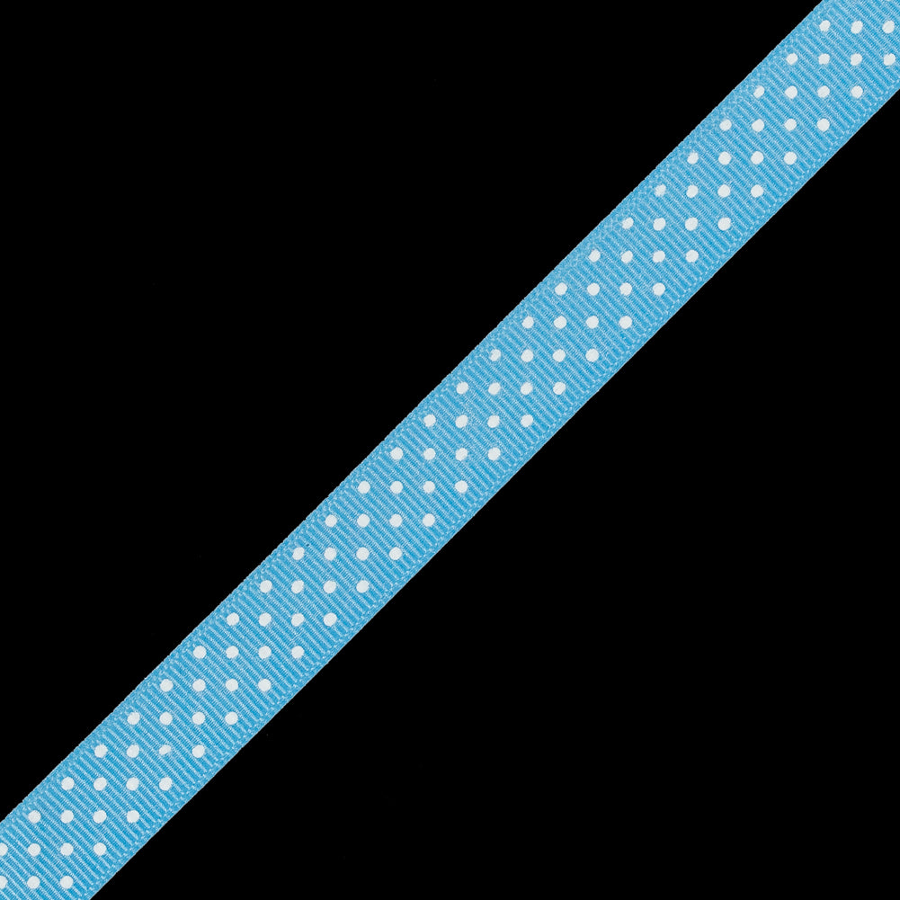 Sky Blue Grosgrain Ribbon with White Polka Dots - 0.625" Detail