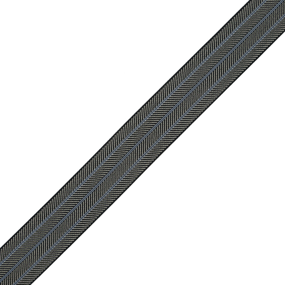 Italian Black, Beige and Blue Herringbone Elastic - 1.5"
