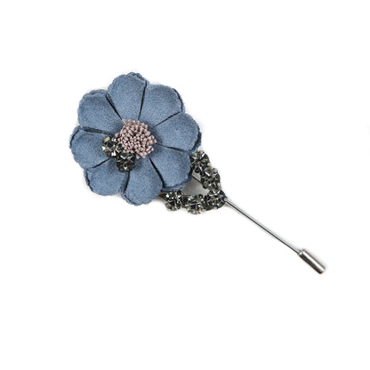 Italian Blue Flower Brooch with Rhinestones - 3.75"