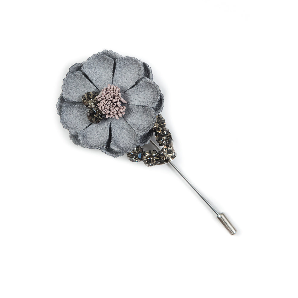 Italian Gray Flower Brooch with Rhinestones - 3.75"