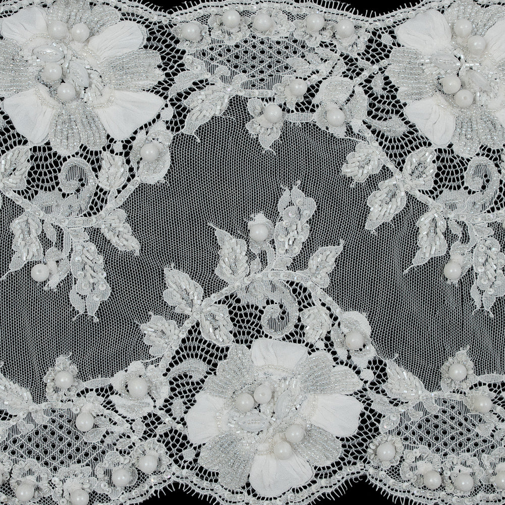 White Fancy Beaded Lace Trim - 10" Detail