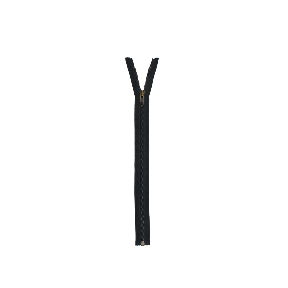 Black and Antique Gold Metal YKK 1-Way Separating Zipper - 14.75" Detail