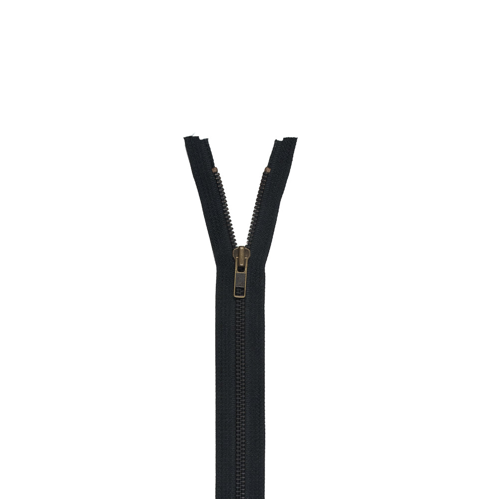 Black and Antique Gold Metal YKK 1-Way Separating Zipper - 14.75"