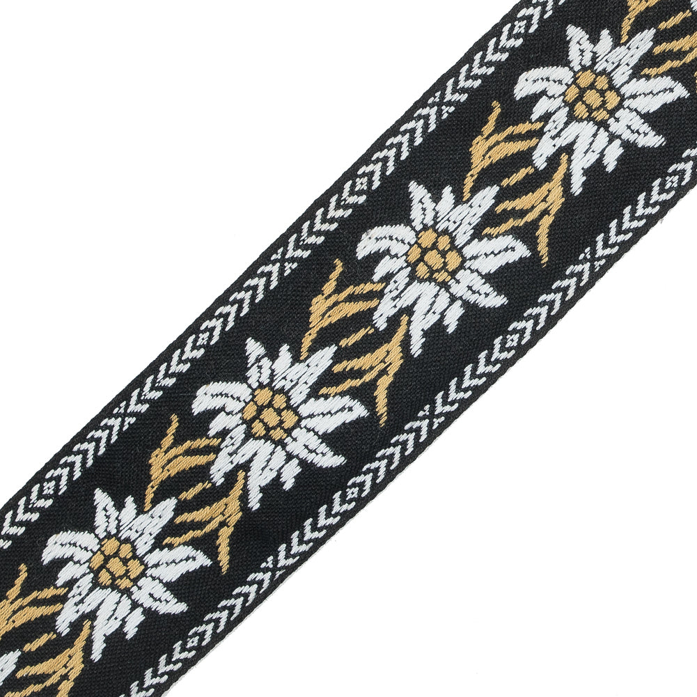 Black, Mustard and White Floral Jacquard Ribbon - 2" Detail