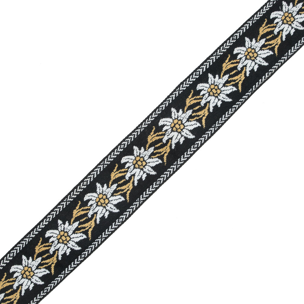 Black, Mustard and White Floral Jacquard Ribbon - 2"