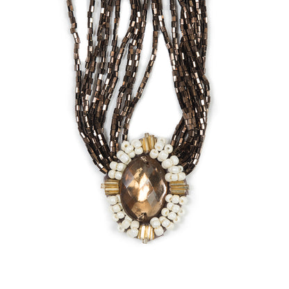 Brown Beaded Sew-In Neckline Applique - 1" x 16" Detail