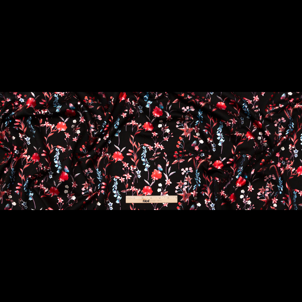 Black Ponte Knit with Red and Blue Floral Foil Design Folded