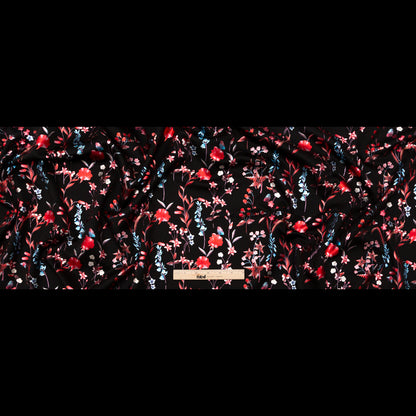 Black Ponte Knit with Red and Blue Floral Foil Design Folded