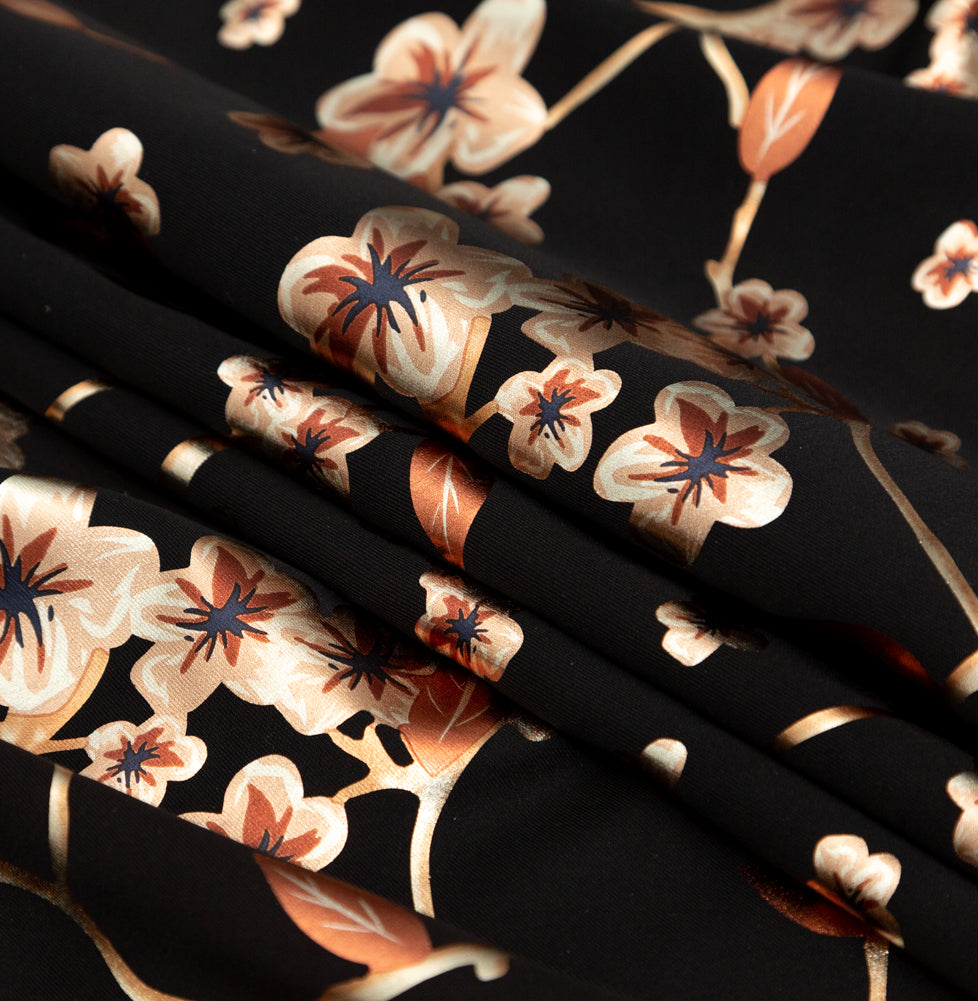 Black Ponte Knit with Rust Floral Foil Design Detail