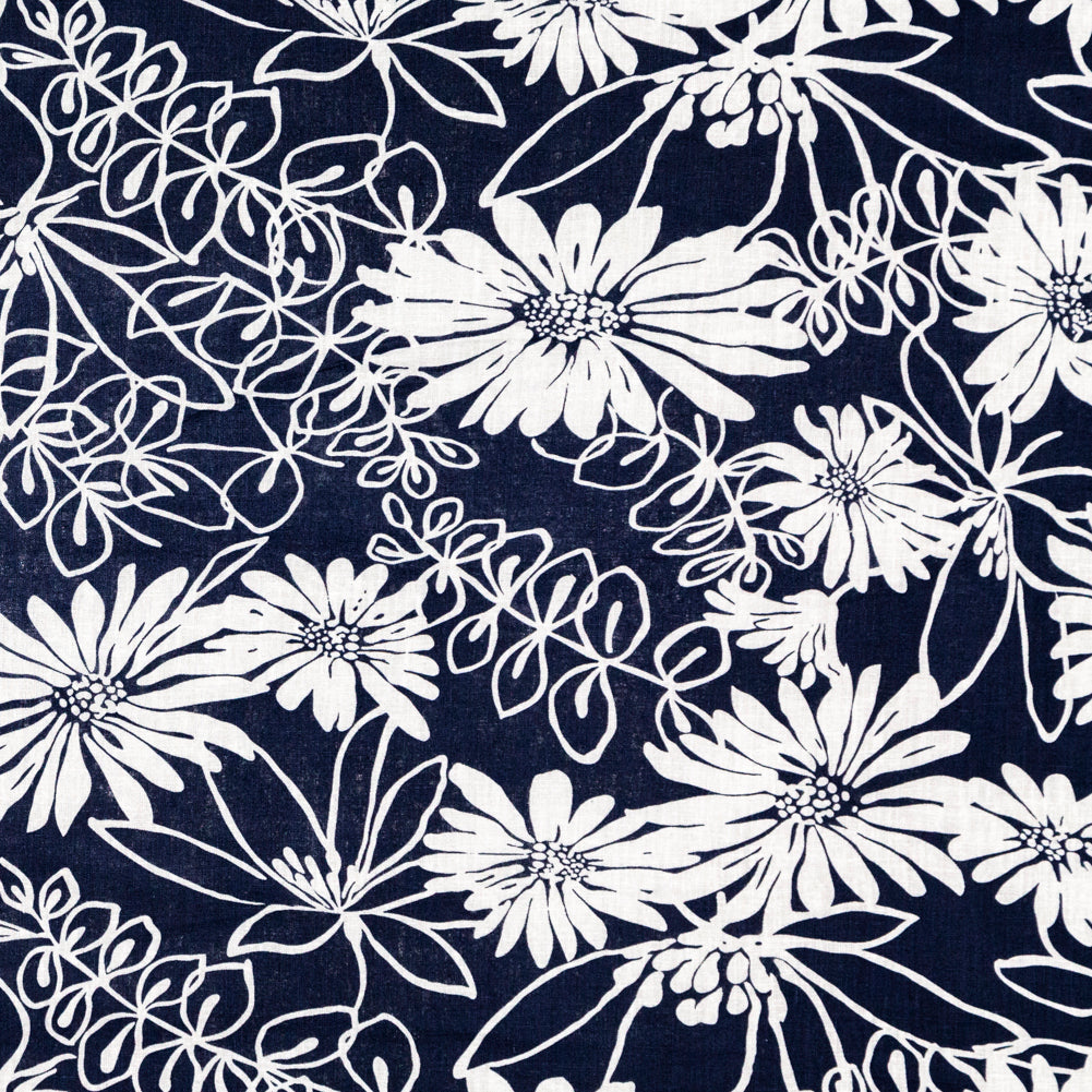 Denim and White Floral Printed Linen Woven