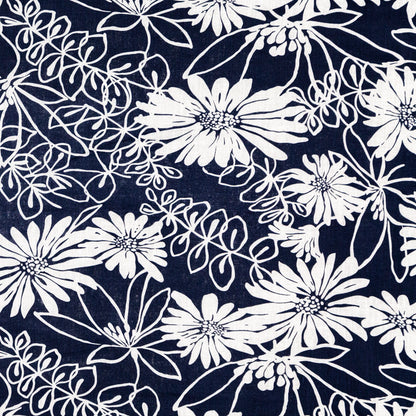 Denim and White Floral Printed Linen Woven