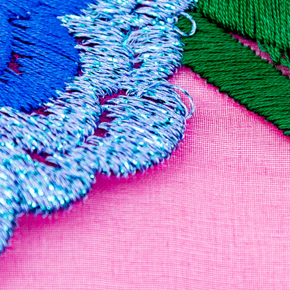 Carolina Herrera Cerise and Metallic Blue Floral Embroidered Silk Organza Detail