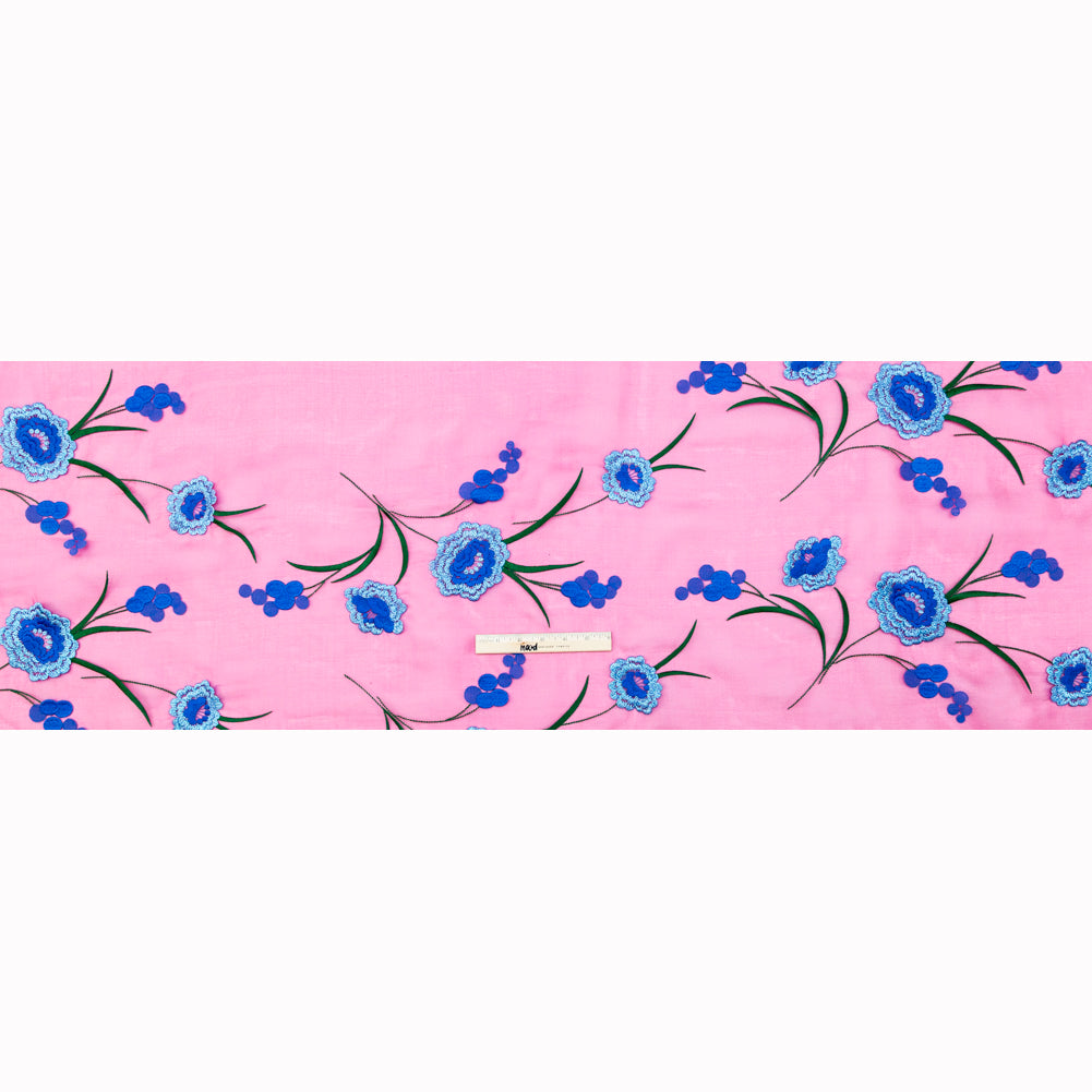 Carolina Herrera Cerise and Metallic Blue Floral Embroidered Silk Organza Full