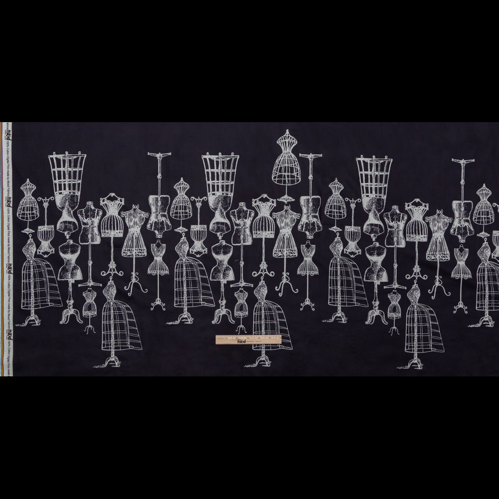 Egyptian Cotton Voile - Midnight Navy and White Conversational - Vintage Dressforms Print - Mood Exclusive Haberdashery Collection Folded