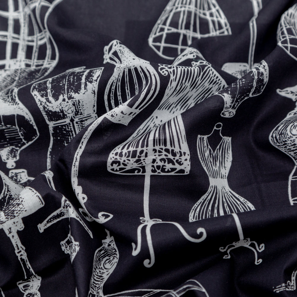 Egyptian Cotton Voile - Midnight Navy and White Conversational - Vintage Dressforms Print - Mood Exclusive Haberdashery Collection Full