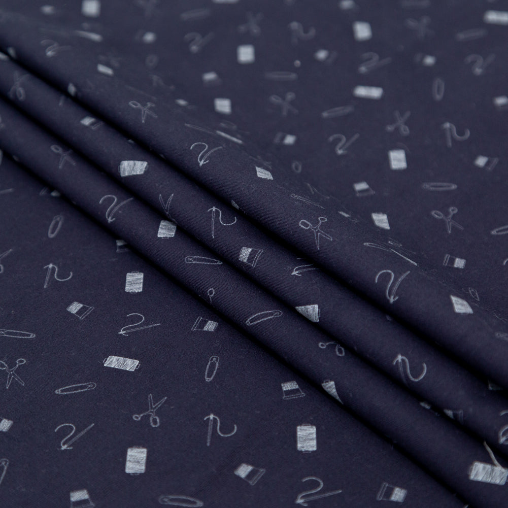 Stretch Carbon Brush Twill - Midnight Navy and White Sewing Kit - Small Supplies Print - Mood Exclusive Haberdashery Collection Detail