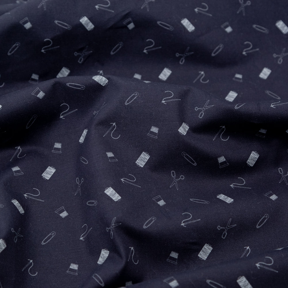Stretch Carbon Brush Twill - Midnight Navy and White Sewing Kit - Small Supplies Print - Mood Exclusive Haberdashery Collection Full