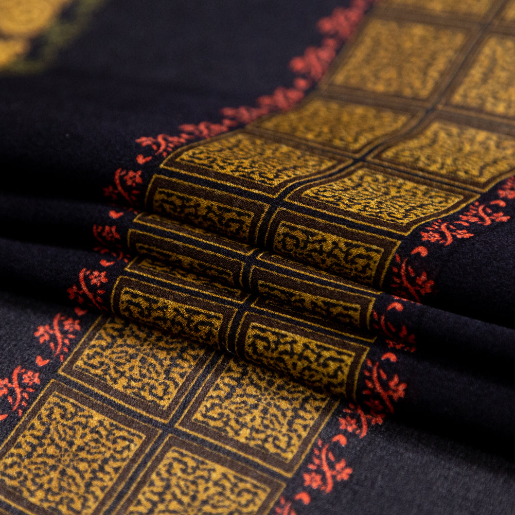 Mustard and Black Paisley and Square Striped Silk Chiffon Folded