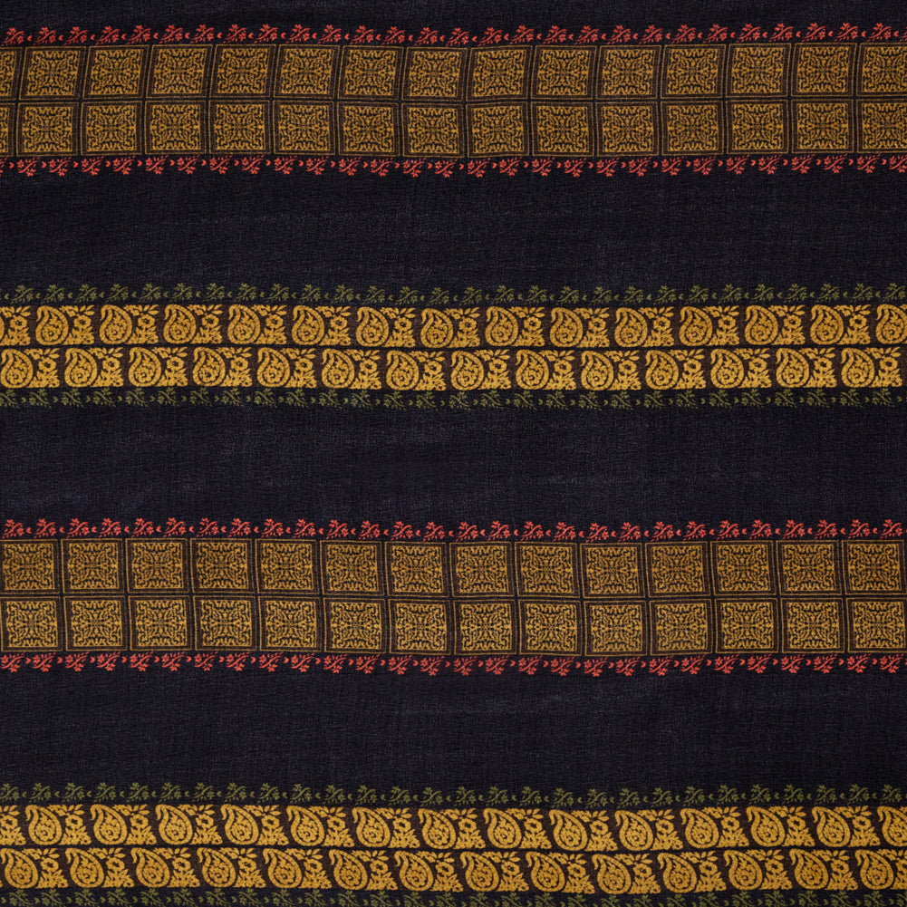 Mustard and Black Paisley and Square Striped Silk Chiffon