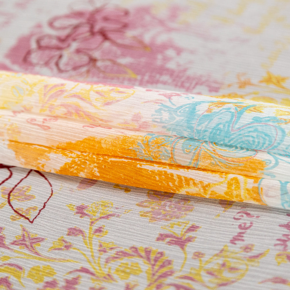Orange, Pink and Blue Floral Crinkled Silk Chiffon Folded