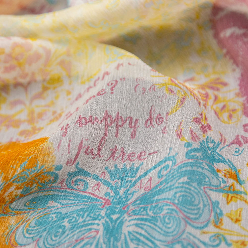 Orange, Pink and Blue Floral Crinkled Silk Chiffon Detail