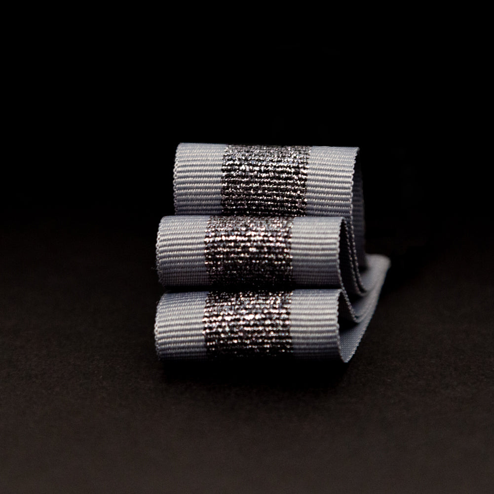 Italian Metallic Gunmetal and Gray Striped Grosgrain Ribbon - 1" Detail