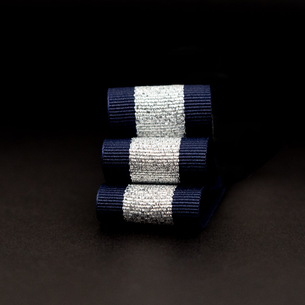 Italian Metallic Silver and Navy Striped Grosgrain Ribbon - 1" Detail