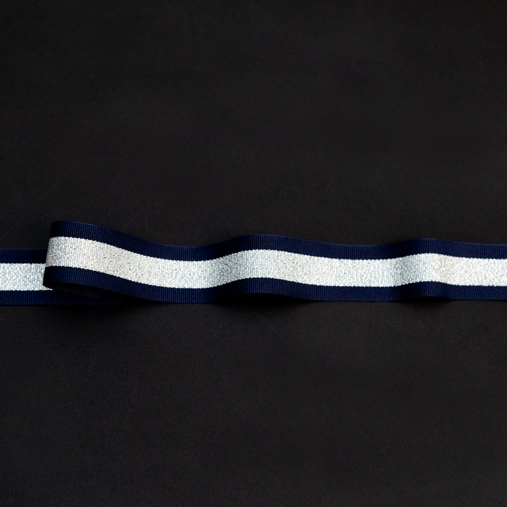 Italian Metallic Silver and Navy Striped Grosgrain Ribbon - 1"