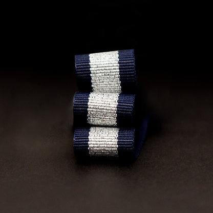 Italian Metallic Silver and Navy Striped Grosgrain Ribbon - 0.625" Detail