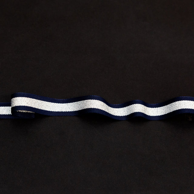 Italian Metallic Silver and Navy Striped Grosgrain Ribbon - 0.625"