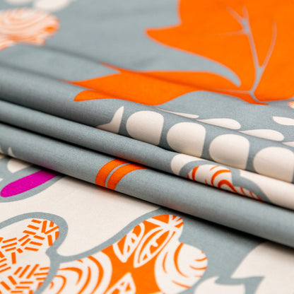 Jadeite and Bright Orange Floral Cotton Twill Folded