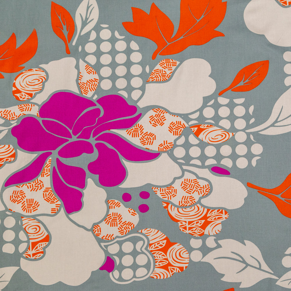 Jadeite and Bright Orange Floral Cotton Twill