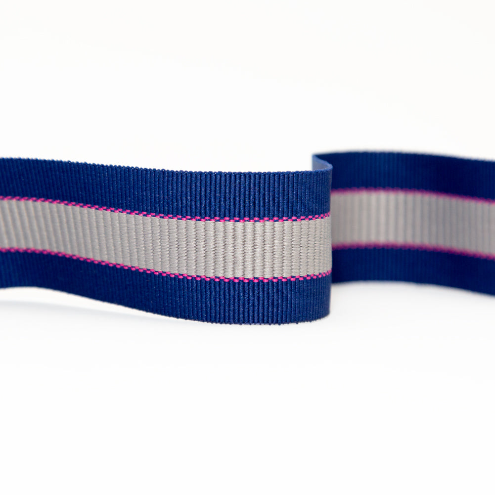 Italian Royal Blue, Silver and Pink Striped Grosgrain Ribbon - 1.25" Detail