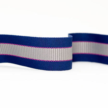 Italian Royal Blue, Silver and Pink Striped Grosgrain Ribbon - 1.25" Detail