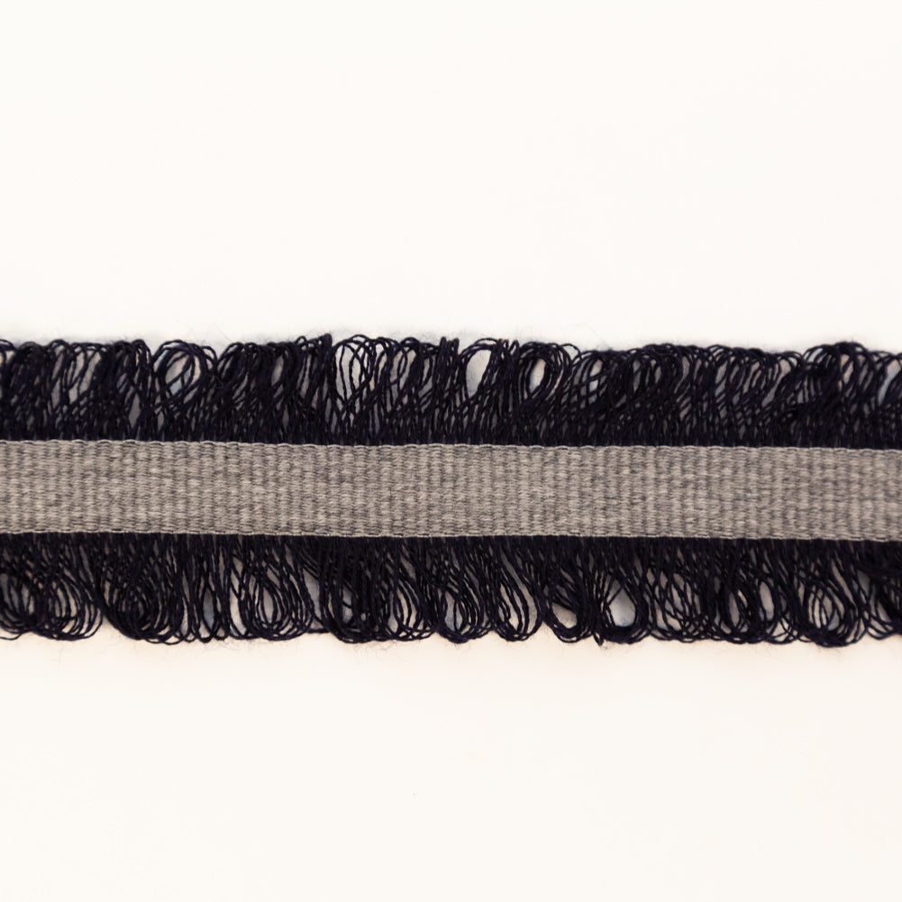Italian Navy and Light Gray Wool Grosgrain Trim with Loop Fringe Edges - 1.5" Detail