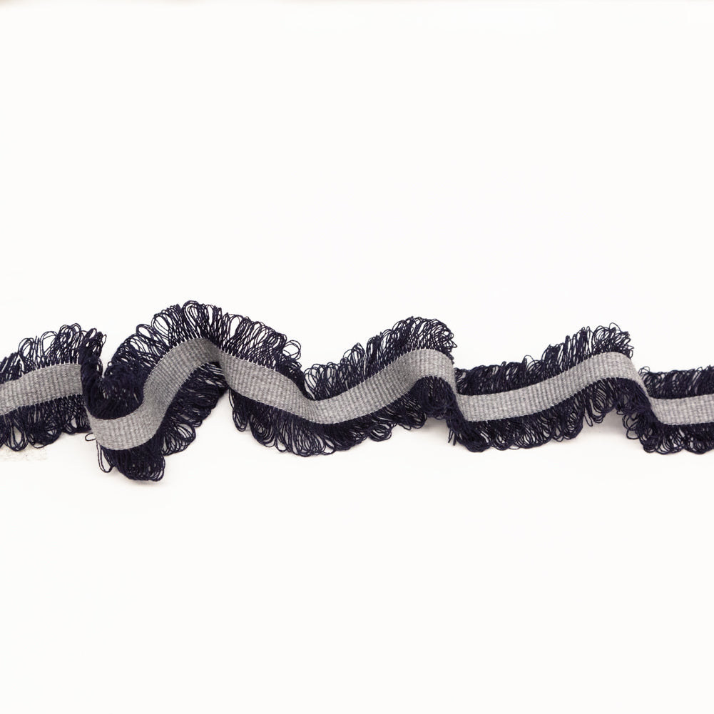 Italian Navy and Light Gray Wool Grosgrain Trim with Loop Fringe Edges - 1.5"
