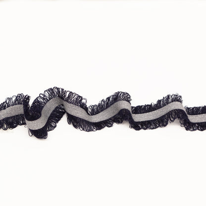 Italian Navy and Light Gray Wool Grosgrain Trim with Loop Fringe Edges - 1.5"