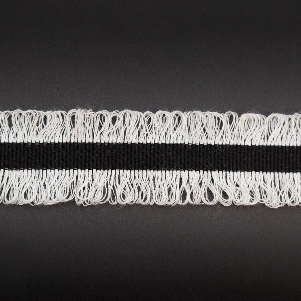 Italian Black and Light Gray Wool Grosgrain Trim with Loop Fringe Edges - 1.5" Detail