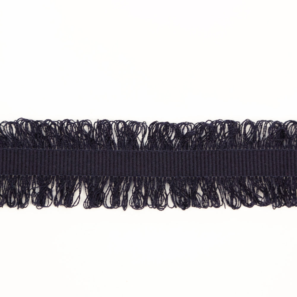 Italian Navy Wool Grosgrain Trim with Loop Fringe Edges - 1.5" Detail