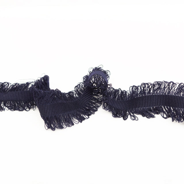 Italian Navy Wool Grosgrain Trim with Loop Fringe Edges - 1.5"