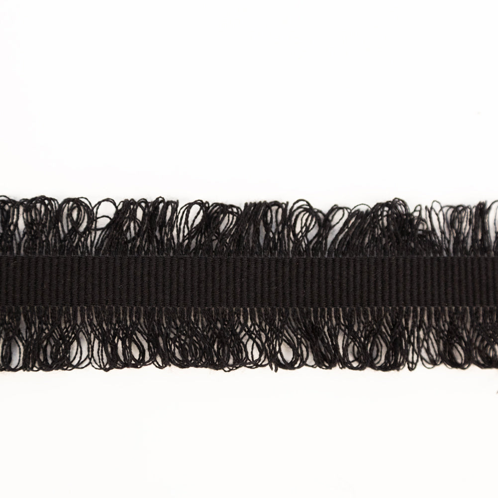 Italian Black Gray Wool Grosgrain Trim with Loop Fringe Edges - 1.5" Detail