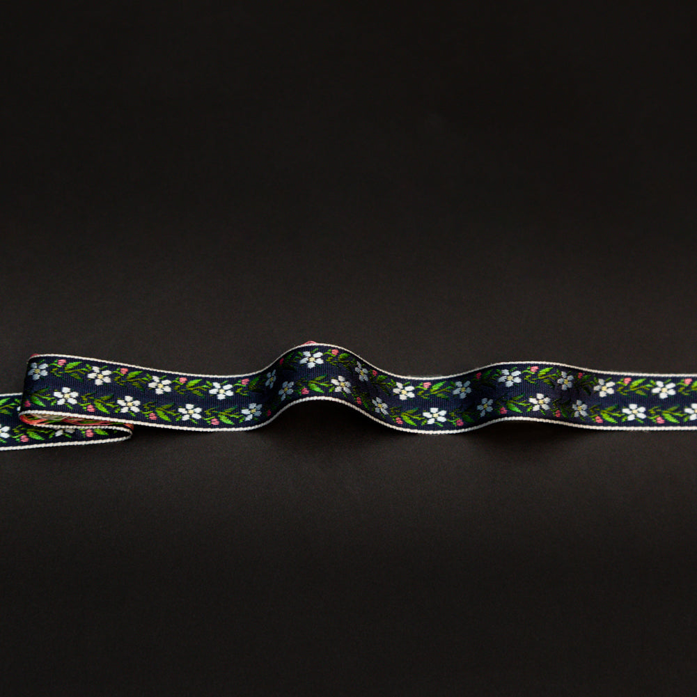 Italian Navy Floral Jacquard Ribbon - 0.625"