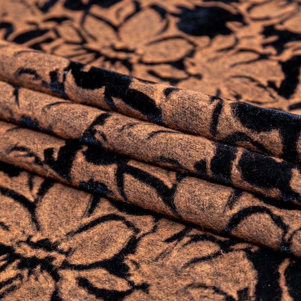 Floral Bonded Wool Knit and Velour - Apricot Buff and Black Folded
