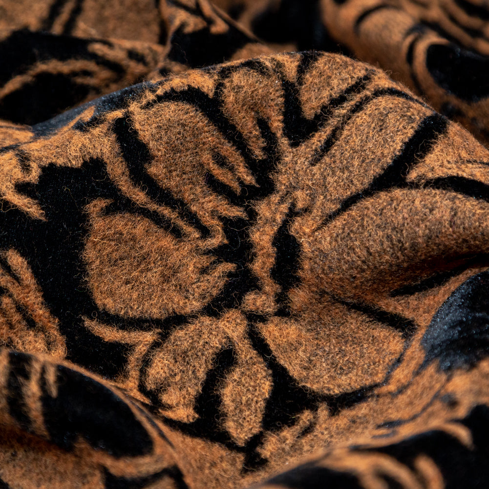 Floral Bonded Wool Knit and Velour - Apricot Buff and Black Detail