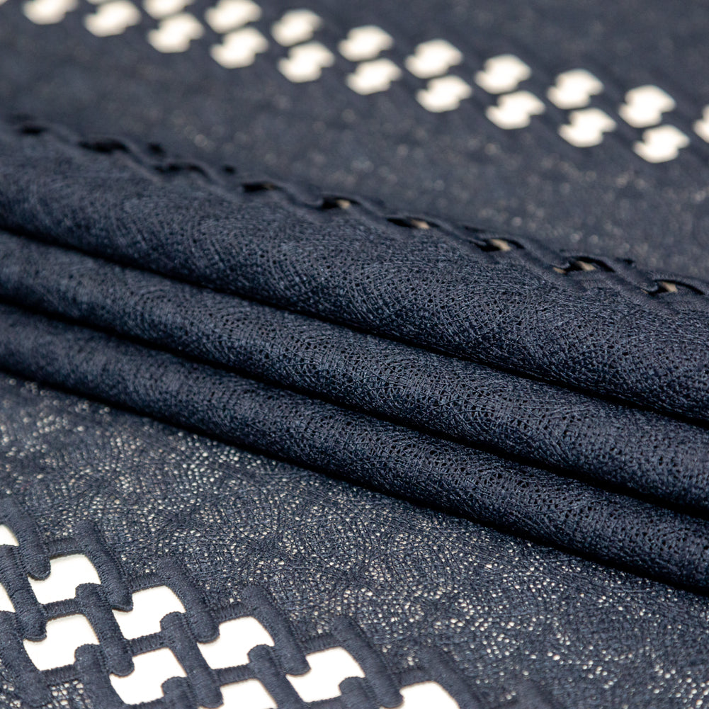 Polyester Lace with Finished Edges - Navy Lattice Stripes Folded