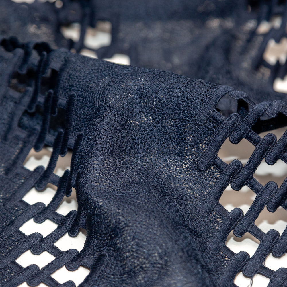Polyester Lace with Finished Edges - Navy Lattice Stripes Detail