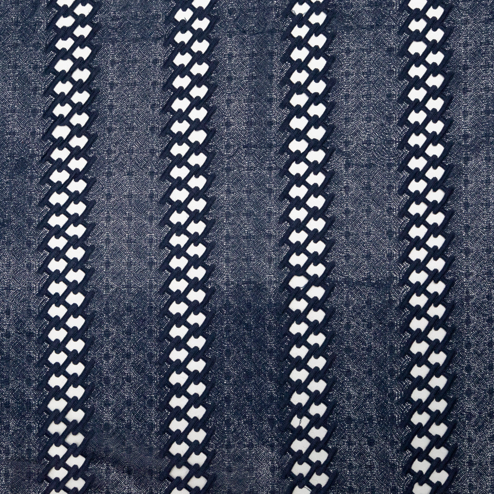 Polyester Lace with Finished Edges - Navy Lattice Stripes