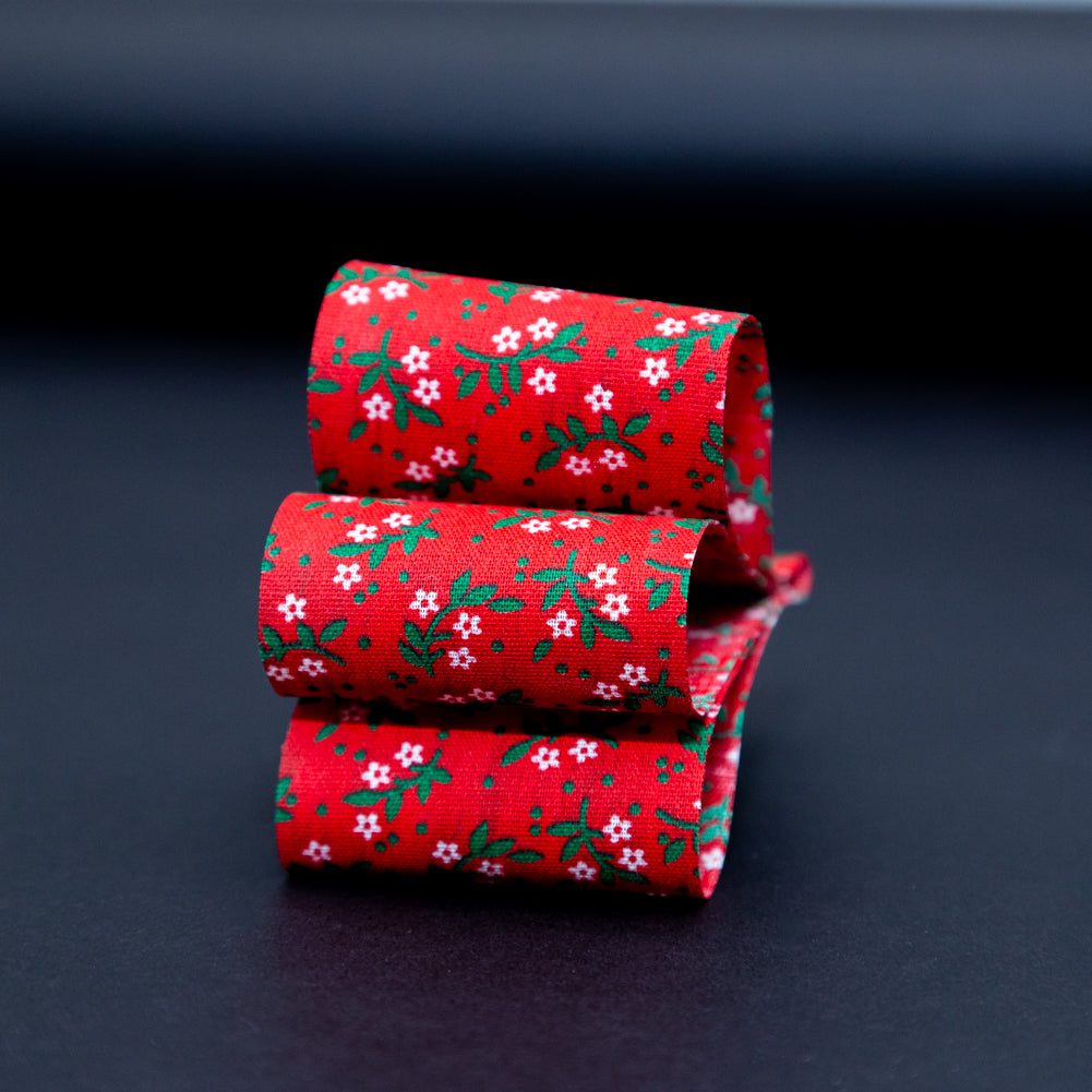 Red, Green and White Floral Christmas Ribbon - 1.875" Detail